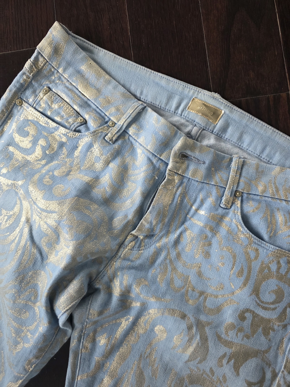 MOTHER Light Blue Metallic print denim Jeans - Picture 4 of 9